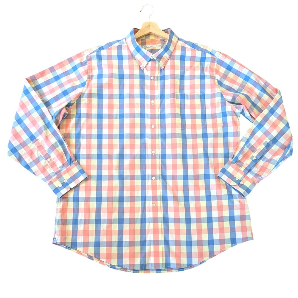 Southern Tide Mens XXL Gingham Check Button Down Shirt Blue Pink Stretch Cotton